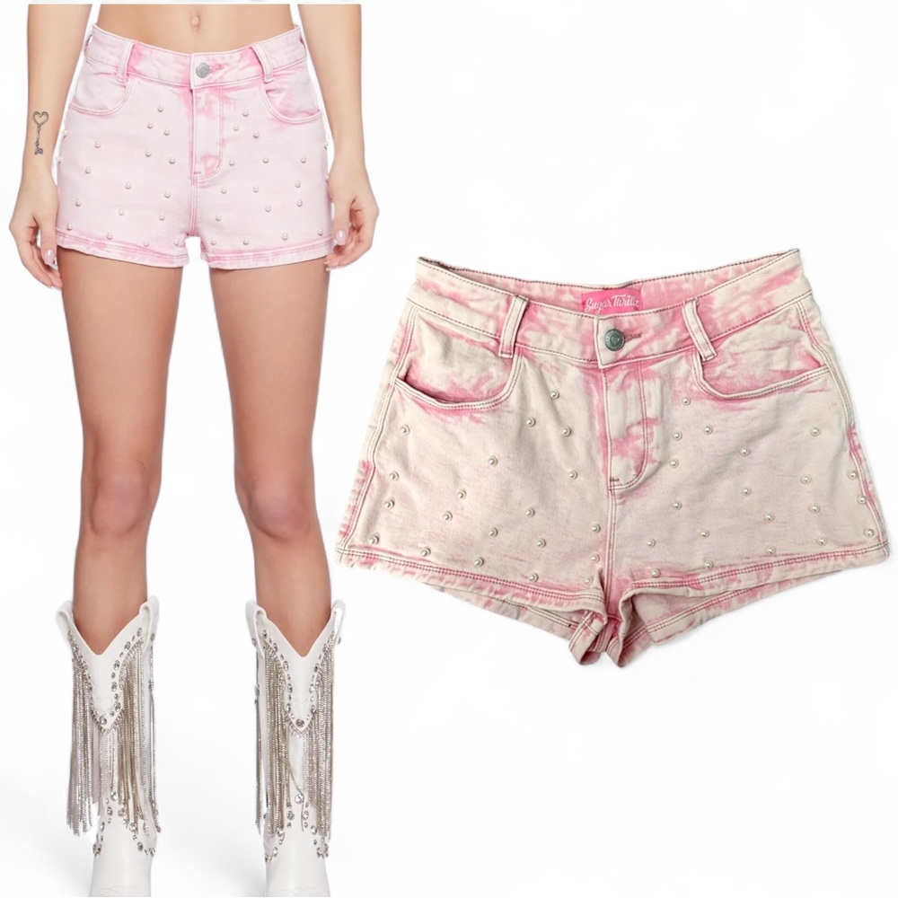 Sugar Thrillz Dolls Kill Pearl Girly Acid Wash Denim Shorts